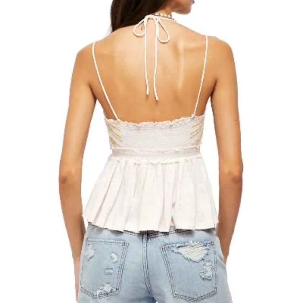 Free People Womens Pale Pink Boho Smocked Halter Lightweight Tank Top Sz L New